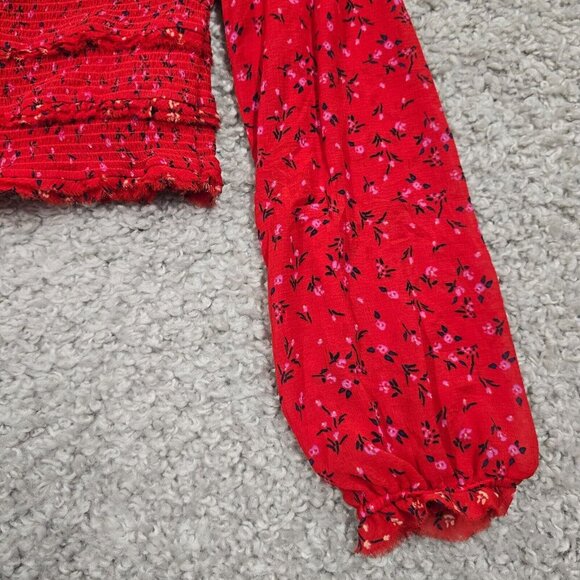 Free People Women Lolita Top Size Small Red Floral Smocked Boho Peasant Crop - Picture 3 of 14
